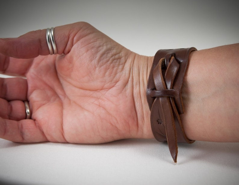 Leather Bracelet with Tooled Fern Design, Brown Leather Bracelet with Weave Tail Closure, Gifts Under 30 image 4