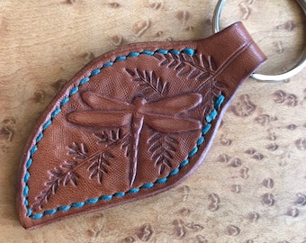 Dragonfly and Fern Leaf Shape Key Ring, Leather Key Fob with Dragonfly, Leather Dragonfly and Fern Key Chain Gifts Under 25