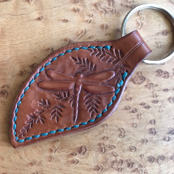 Dragonfly and Fern Leaf Shape Key Ring, Leather Key Fob with Dragonfly, Leather Dragonfly and Fern Key Chain Gifts Under 25