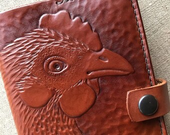 Chicken Journal Cover for 5.5 x 3.5 Notebook, Leather Book Cover for Moleskine or Handmade Book, Tooled Chicken Design, Hen or Rooster