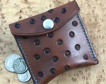 Leather Tooled Coin Pouch, Brown Leather Pocket Coin Holder with Circles Design, Pocket Leather Change Purse, Change Holder
