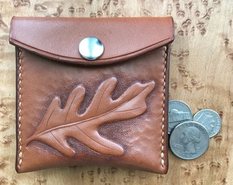 Oak Leaf Leather Tooled Coin Pouch, Tan Leather Pocket Coin Holder with Oak Tree Leaf Design, Pocket Leather Change Purse, Change Holder