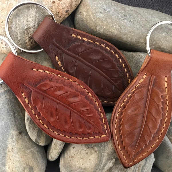 Leaf Leather Key Ring Key Fob, Tooled Leaf Design Key Chain, Leather Leaf Key Chain, Leather Leaf Shape Key Ring, Gifts Under 25