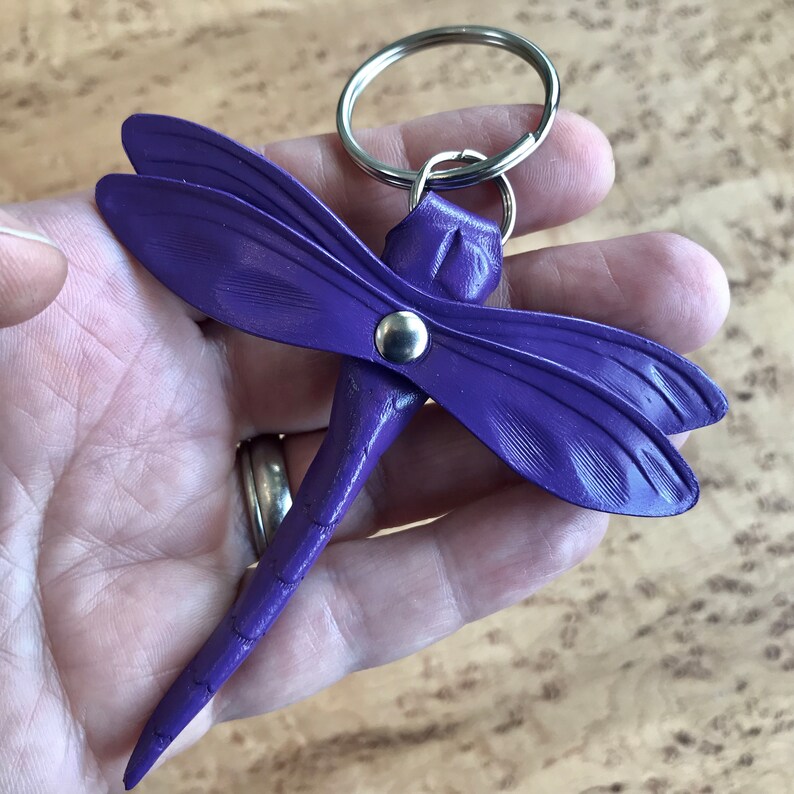 Purple Dragonfly Leather Key Ring Key Fob Tooled Leather Etsy