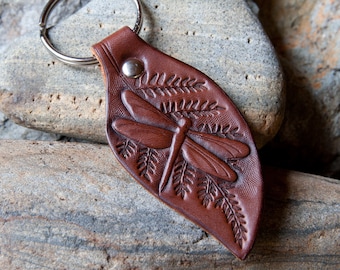 Fern Leaf with Dragonfly Leather Key Ring, Key Fob, Dragonfly Key, Gifts Under 20