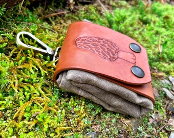 Sac ceinture avec pince à ressort, sac ou pochette de récolte de champignons en toile cirée et cuir, sac de récolte pliant