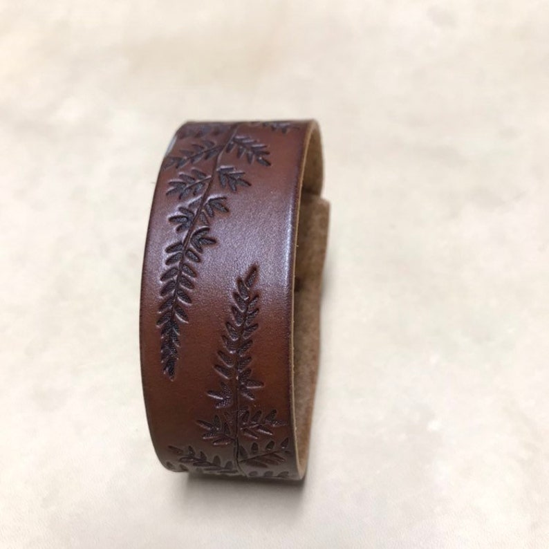 Leather Bracelet with Tooled Fern Design, Brown Leather Bracelet with Weave Tail Closure, Gifts Under 30 image 2