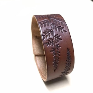 Leather Bracelet with Tooled Fern Design, Brown Leather Bracelet with Weave Tail Closure, Gifts Under 30 image 1