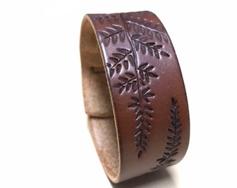 Leather Bracelet with Tooled Fern Design, Brown Leather Bracelet with Weave Tail Closure, Gifts Under 30