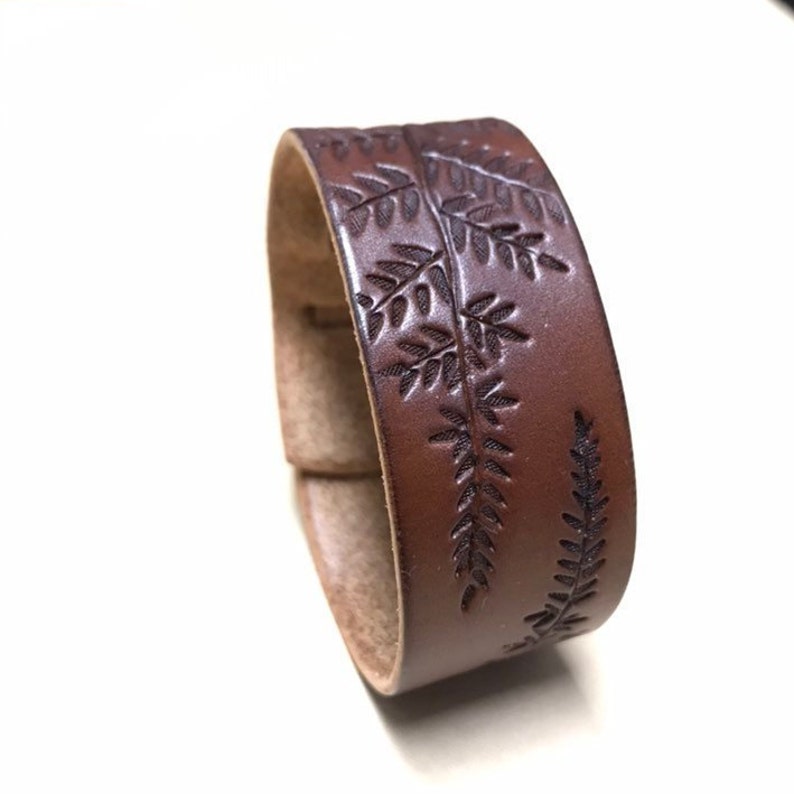 Leather Bracelet with Tooled Fern Design, Brown Leather Bracelet with Weave Tail Closure, Gifts Under 30 image 1