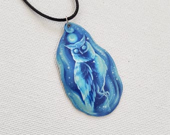 Harry Potter Inspired Owl Patronus Charm Totem Spirit Animal Guide Bird Blue Galaxy Nebula Pendant Metal Necklace