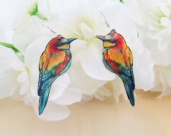 European Bee Eater Jewel Colors Cute Bird Animal Wildlife Nature Birb Metal Dangle Earrings