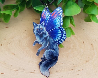 Winged Silver Fox Swallowtail Butterfly Fantasy Totem Blue Animal Metal Necklace Pendant