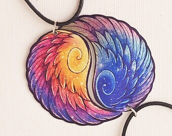 Sunset Sunrise Magic Yin Yang Phoenix Wing Spiritual Duality Pair Bond Friendship Couple Valentine Necklace Pendant