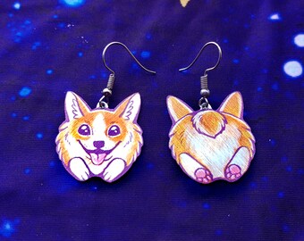 Welsh Corgi Dog Puppy Ginger Butt Animal Lover Cute Kawaii Asymmetrical Metal Dangle Earrings