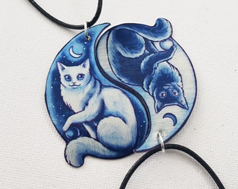 Black White Yin Yang Cat Feline Sacred Spiritual Duality Pair Bond Friendship His And Hers Couple Valentine Metal Necklace Pendant