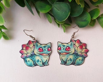 Cute Succulent Plant Bulbasaur Pokemon Kawaii Nature Metal Dangle Earrings