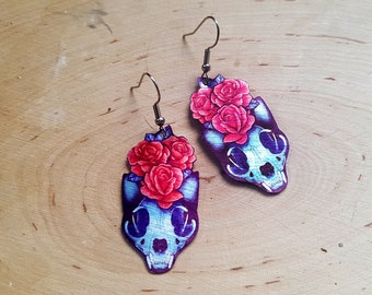 Halloween Spooky Gothic Cat Skull with Red Rose Floral Crown Dangle Earrings