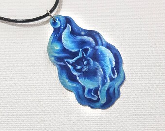 Harry Potter Inspired Cat Feline Patronus Charm Totem Spirit Animal Guide Blue Galaxy Nebula Pendant Metal Necklace