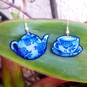 Teatime Tea Cup Teapot Blue Rose Pattern English Breakfast Food Cute Pretty Metal Earrings image 1