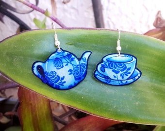 Teatime Tea Cup Teapot Blue Rose Pattern English Breakfast Food Cute Pretty Metal Earrings