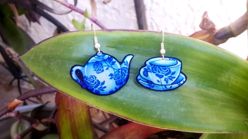 Teatime Tea Cup Teapot Blue Rose Pattern English Breakfast Food Cute Pretty Metal Earrings image 1