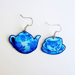 Teatime Tea Cup Teapot Blue Rose Pattern English Breakfast Food Cute Pretty Metal Earrings image 2