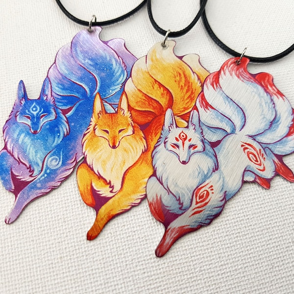 Kitsune Magic Fox Fantasy Spirit Totem Animal Galaxy Ginger White Metal Statement Necklace