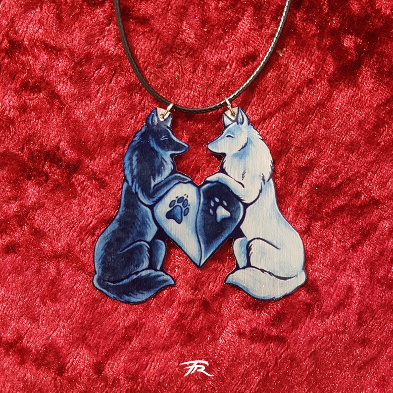 Black White Wolf Canine Dog Spiritual Duality Pair Bond Friendship Couple Valentine Metal Necklace Pendant image 2