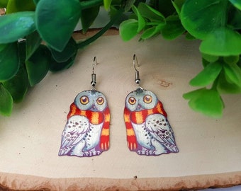 White Snowy Owl Scarf Winter Kawaii Cute Bird Animal Wildlife Nature Birb Metal Dangle Earrings