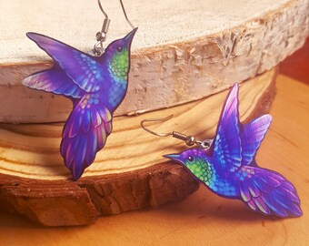 Hummingbird Purple Colorful Exotic Bird Lover Gift Wildlife Nature Metal Dangle Earrings