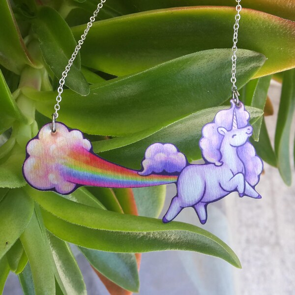 Pastel Lilac Unicorn Rainbow Fart Pony Magical Horse Metal Statement Fantasy Geek Necklace