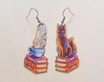 Cosy Book Hot Drink Kitty Cat Cute Pretty Metal Earrings