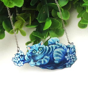 Alice In Wonderland Blue Grinning Cheshire Cat Fantasy Magic Flowers Creepy Cute Metal Statement Necklace image 1