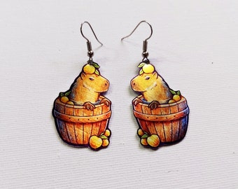 Capybara Capy Orange Yuzu Bath Spa Animal Wildlife Nature Metal Dangle Earrings