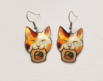 Calico Cat Eating Sushi Cute Kawaii Metal Dangle Earrings