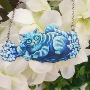 Alice In Wonderland Blue Grinning Cheshire Cat Fantasy Magic Flowers Creepy Cute Metal Statement Necklace image 3
