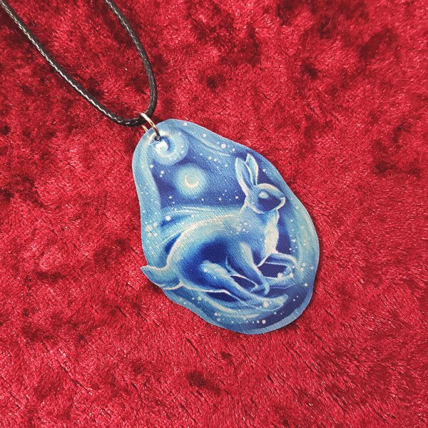 Harry Potter Inspired Hare Rabbit Patronus Charm Luna Lovegood Totem Spirit Animal Guide Blue Galaxy Nebula Pendant Metal Necklace