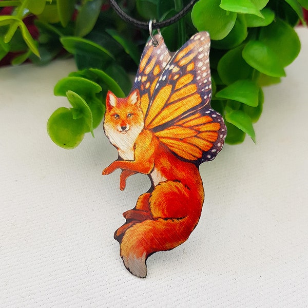 Fairy Red Fox Monarch Butterfly Fantasy Totem Animal  Orange  Metal Necklace Pendant