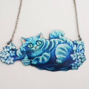 Alice In Wonderland Blue Grinning Cheshire Cat Fantasy Magic Flowers Creepy Cute Metal Statement Necklace image 4