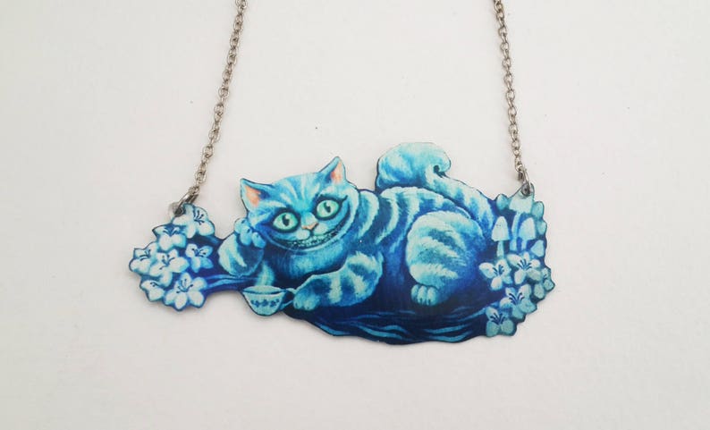 Alice In Wonderland Blue Grinning Cheshire Cat Fantasy Magic Flowers Creepy Cute Metal Statement Necklace image 4