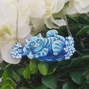 Alice In Wonderland Blue Grinning Cheshire Cat Fantasy Magic Flowers Creepy Cute Metal Statement Necklace image 2