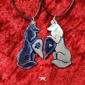 Black White Wolf Canine Dog Spiritual Duality Pair Bond Friendship Couple Valentine Metal Necklace Pendant image 1