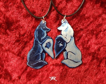Black White Wolf Canine Dog Spiritual Duality Pair Bond Friendship Couple Valentine Metal Necklace Pendant