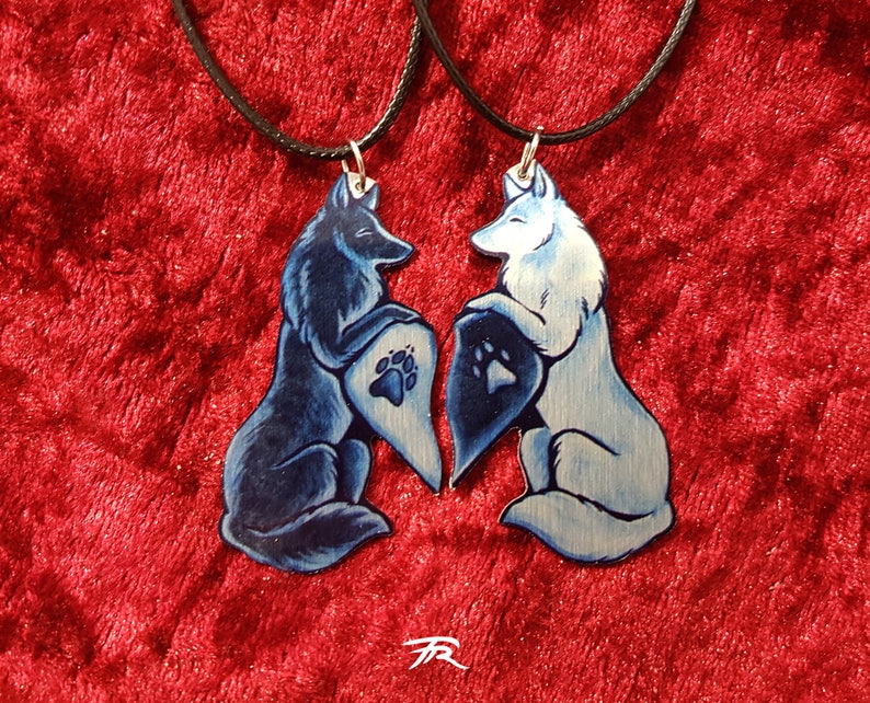 Black White Wolf Canine Dog Spiritual Duality Pair Bond Friendship Couple Valentine Metal Necklace Pendant image 1