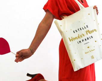 Sac "Wonderful Mom", tote bag, cadeau personnalisé pour la fête des mères, cabas, sac en tissu, en coton, français, pour anniversaire.