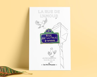 Pin, brooch, jewelry - Street sign - Rue de la folie d'amour - Valentine's Day - souvenir, small gift