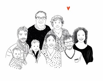 Portrait de famille dessiné à la main - Noir et blanc - Cadeau anniversaire , mamie , maman, papa