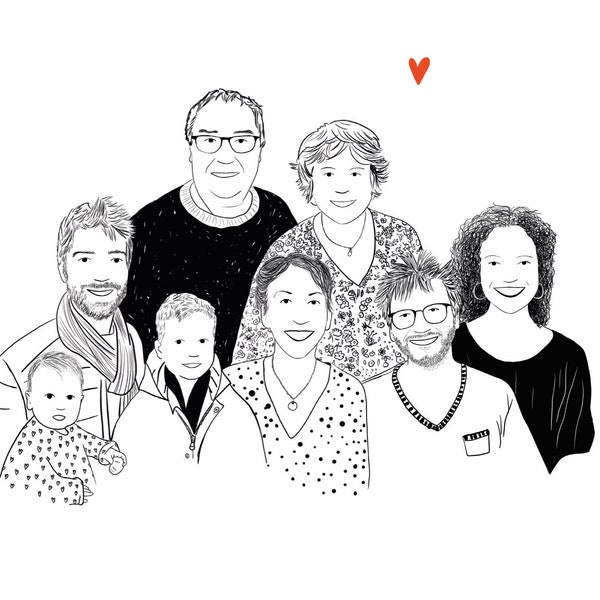 Portrait de famille dessiné à la main - Noir et blanc - Cadeau anniversaire , mamie , maman, papa