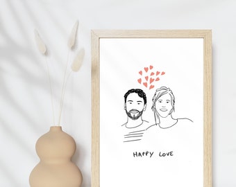 Hand-drawn, printed and framed couple portrait - Valentine's Day gift, wedding gift.